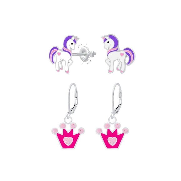 Silver Unicorn and Crown Earrings Set. - Picture 1 of 1
